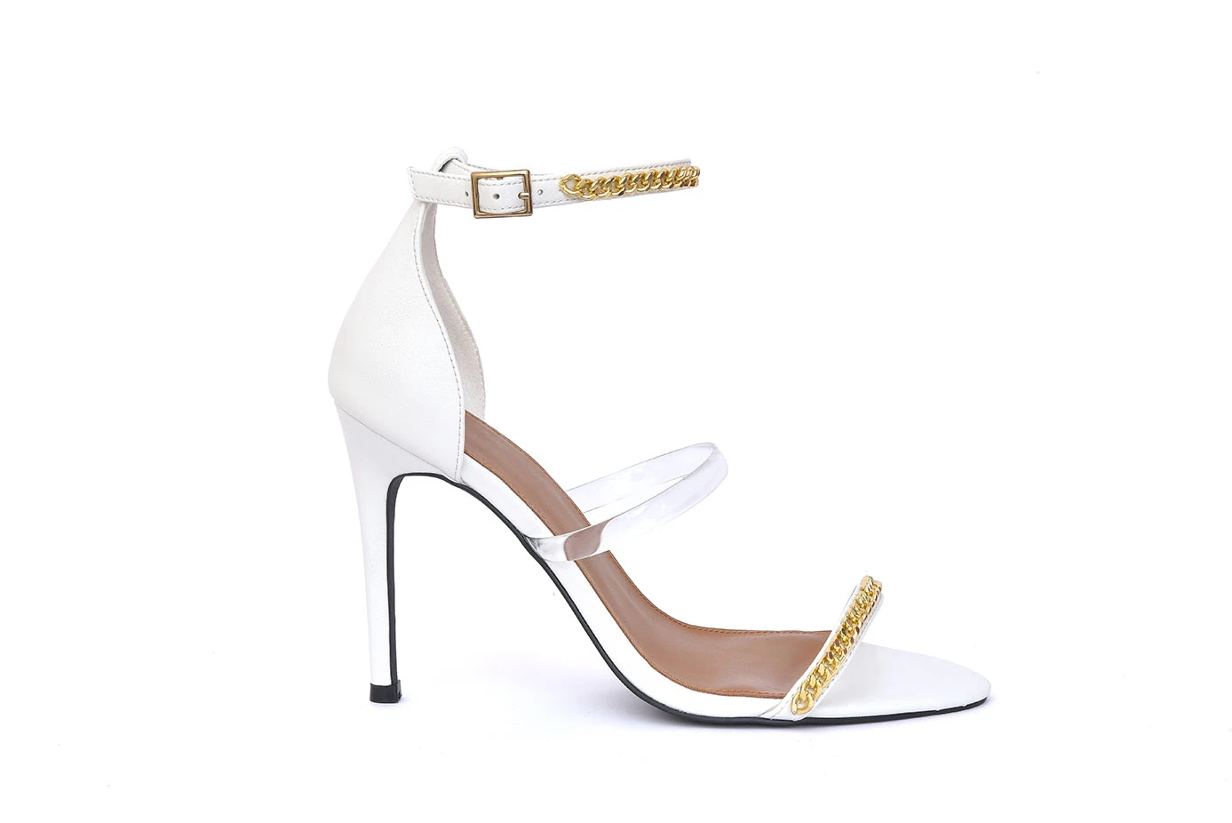 Elegant White Stiletto Heels with Gold Chain & Clear Straps