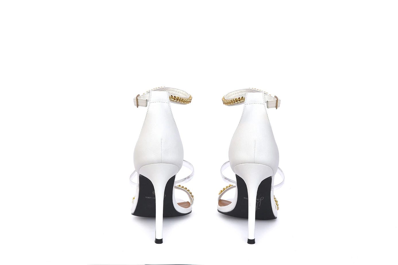 Elegant White Stiletto Heels with Gold Chain & Clear Straps thumbnail 2