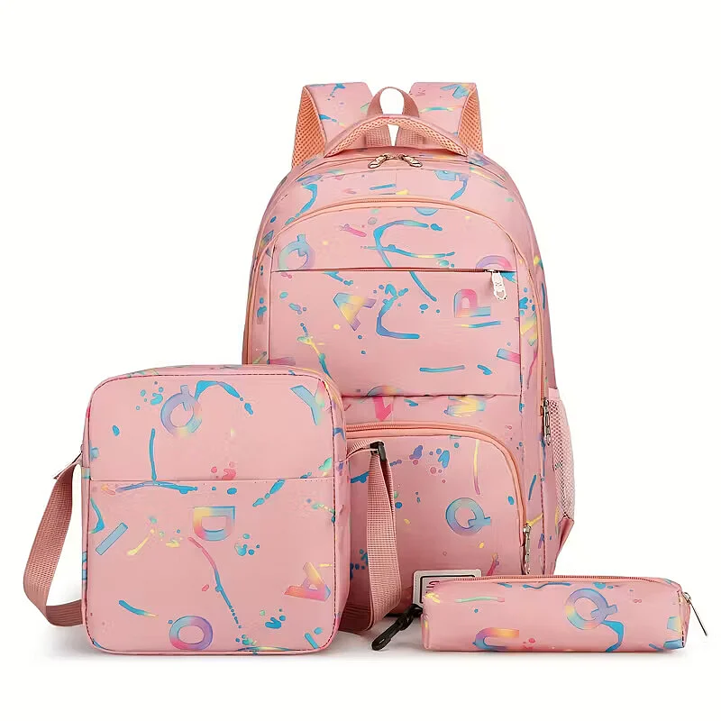 Pink Rainbow Abstract Pattern 3-Piece School Backpack Set for Kids